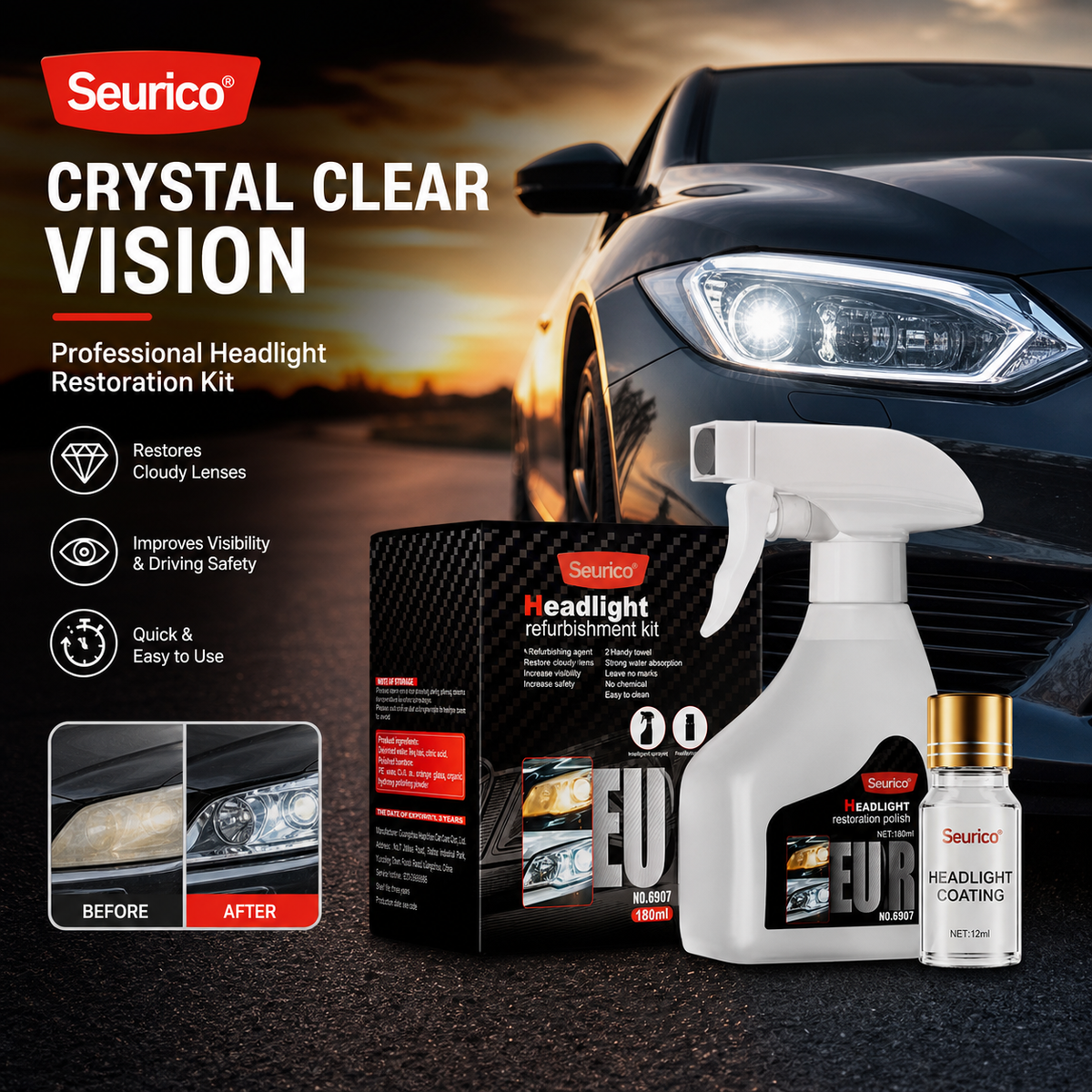 🚘 Automotive Headlamp Restoration Kit — FREE Towel & Sponge Included